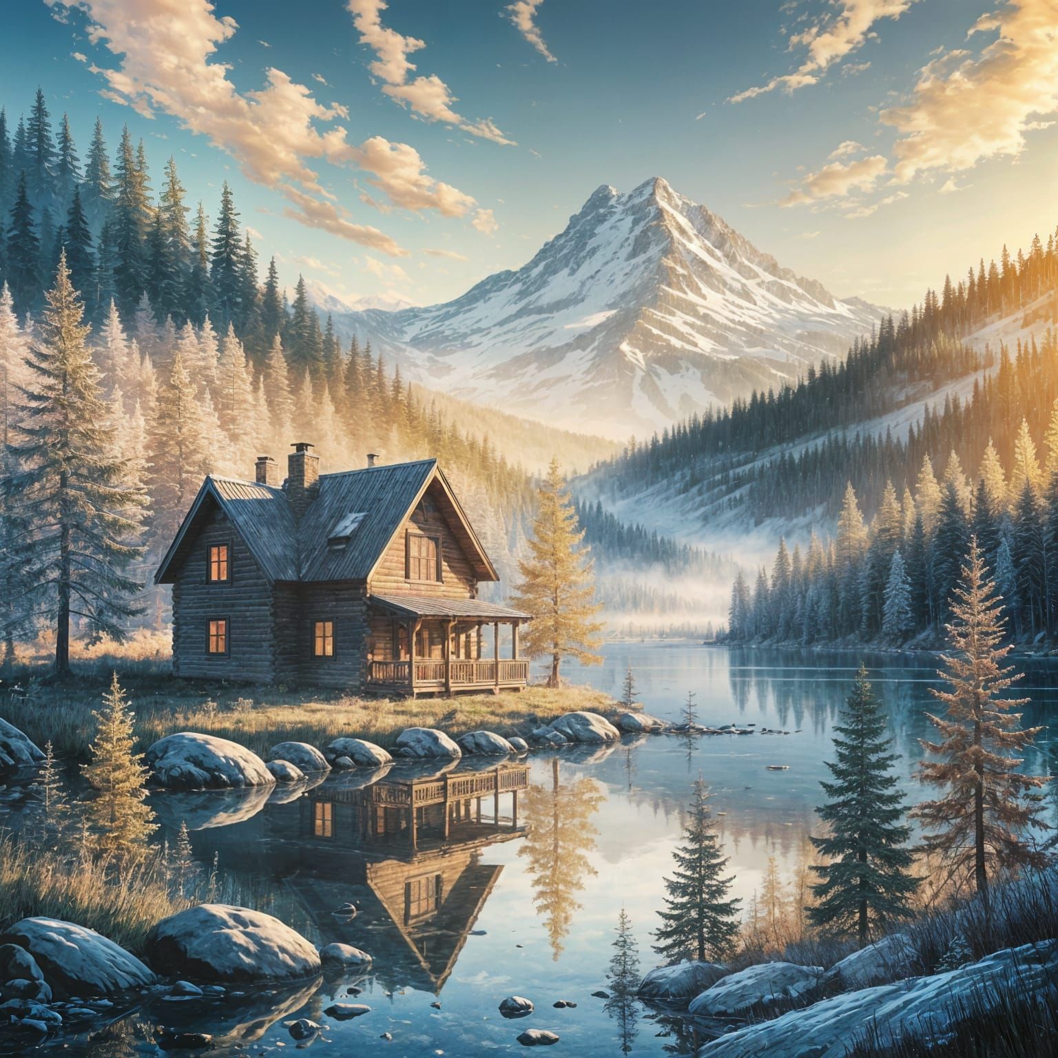 Cabin by Lake with Mountain in Watercolor Style