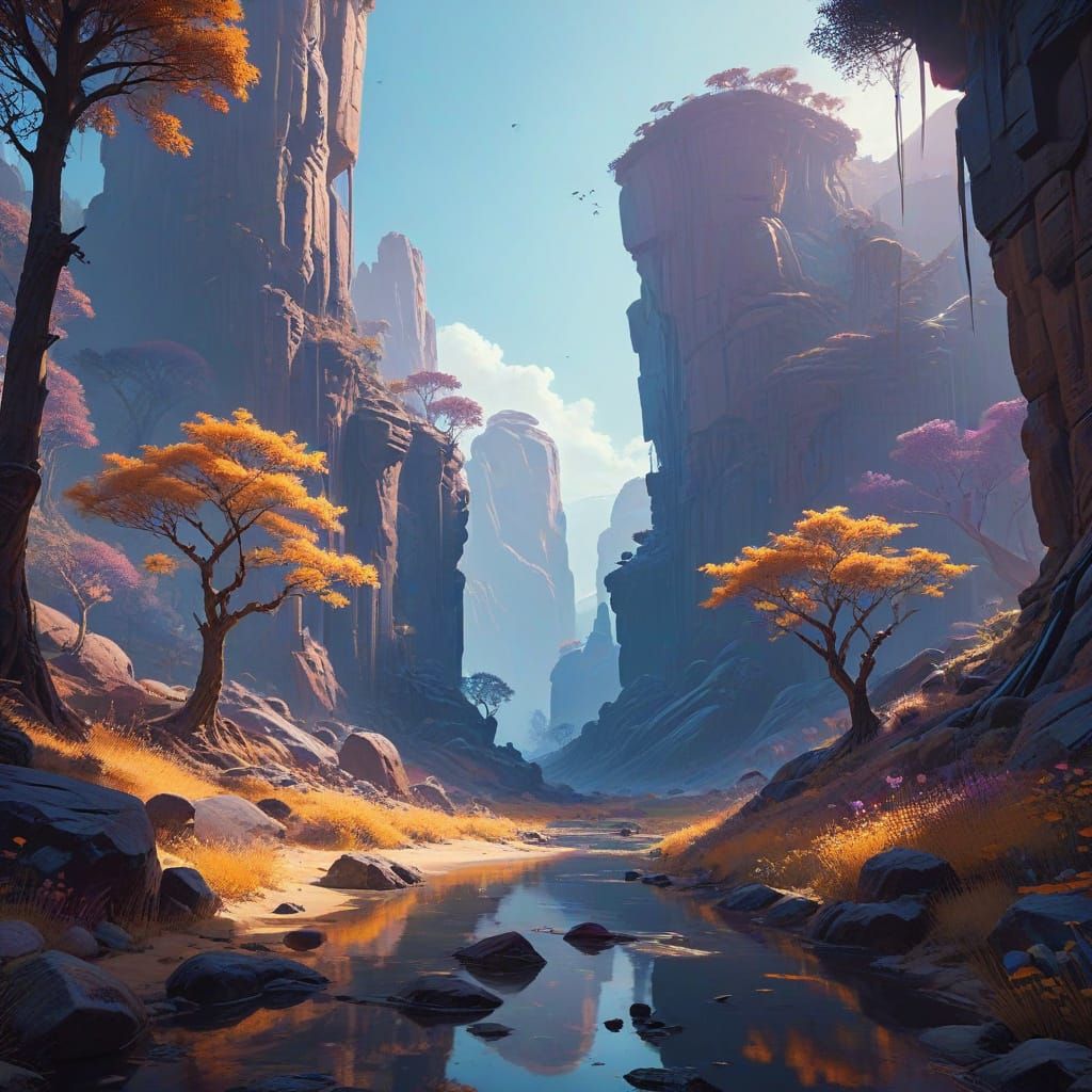 Surreal Desert Oasis with Towering Rock Formations in Vibran...