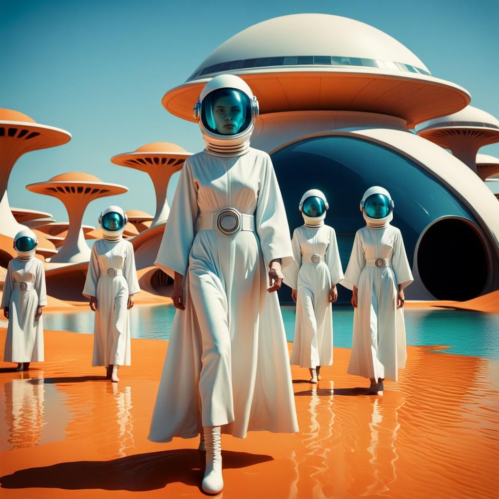 Retro Sci-Fi Scene with Women on Alien Planet