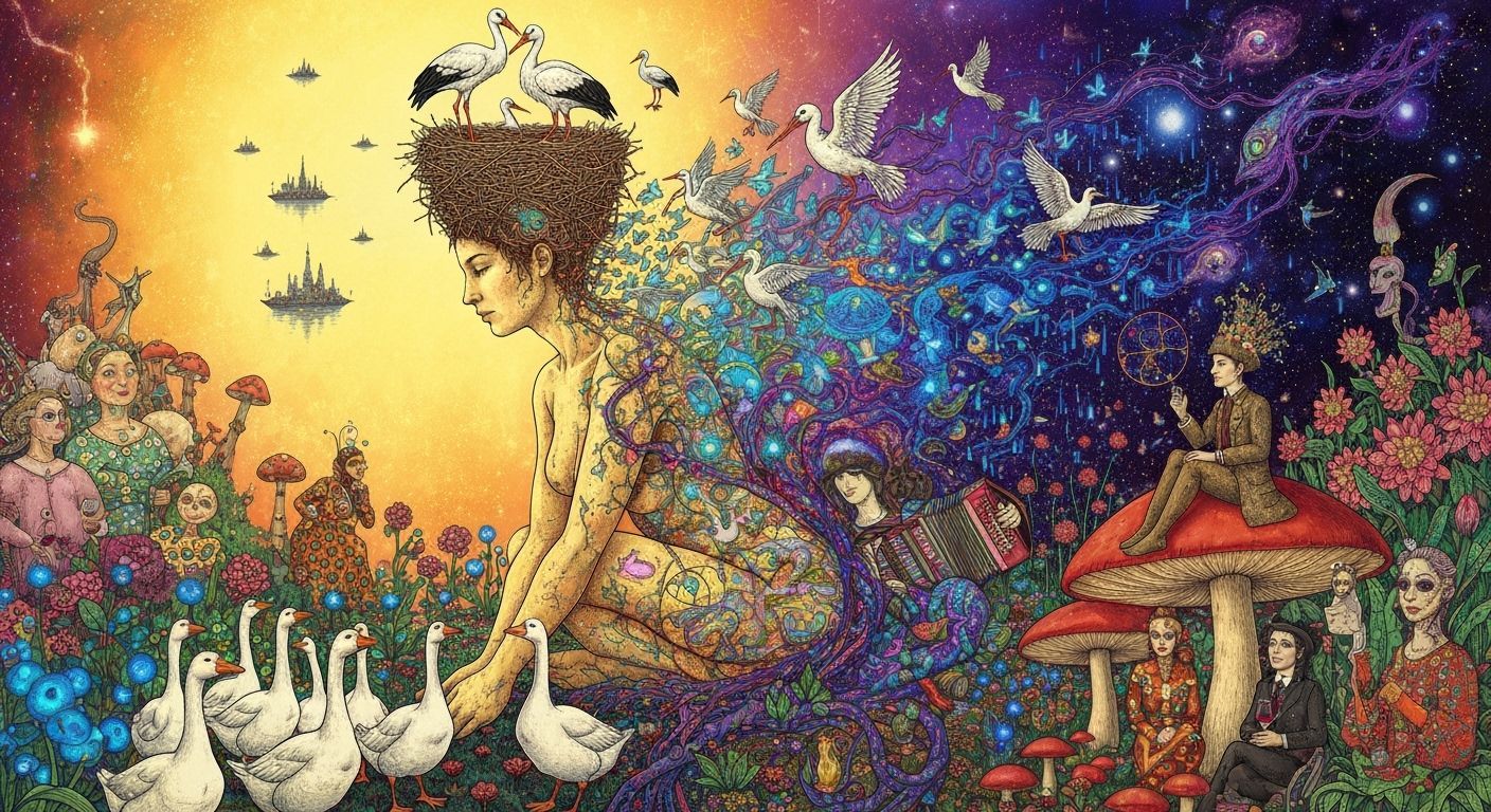 Ethereal Woman's Transformation into Birds in Cosmic Garden
