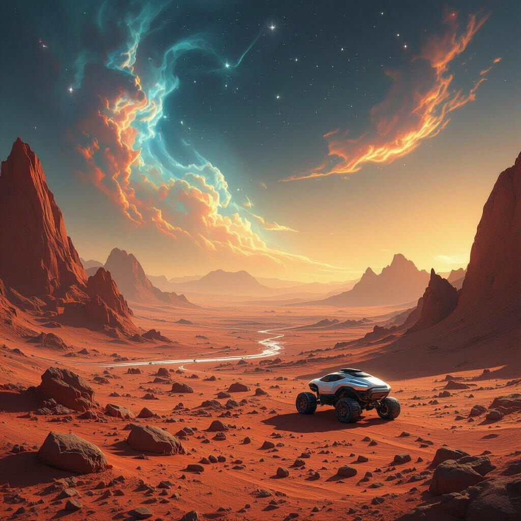 Surreal Martian Landscape With Nebulae and Crystalline Rocks