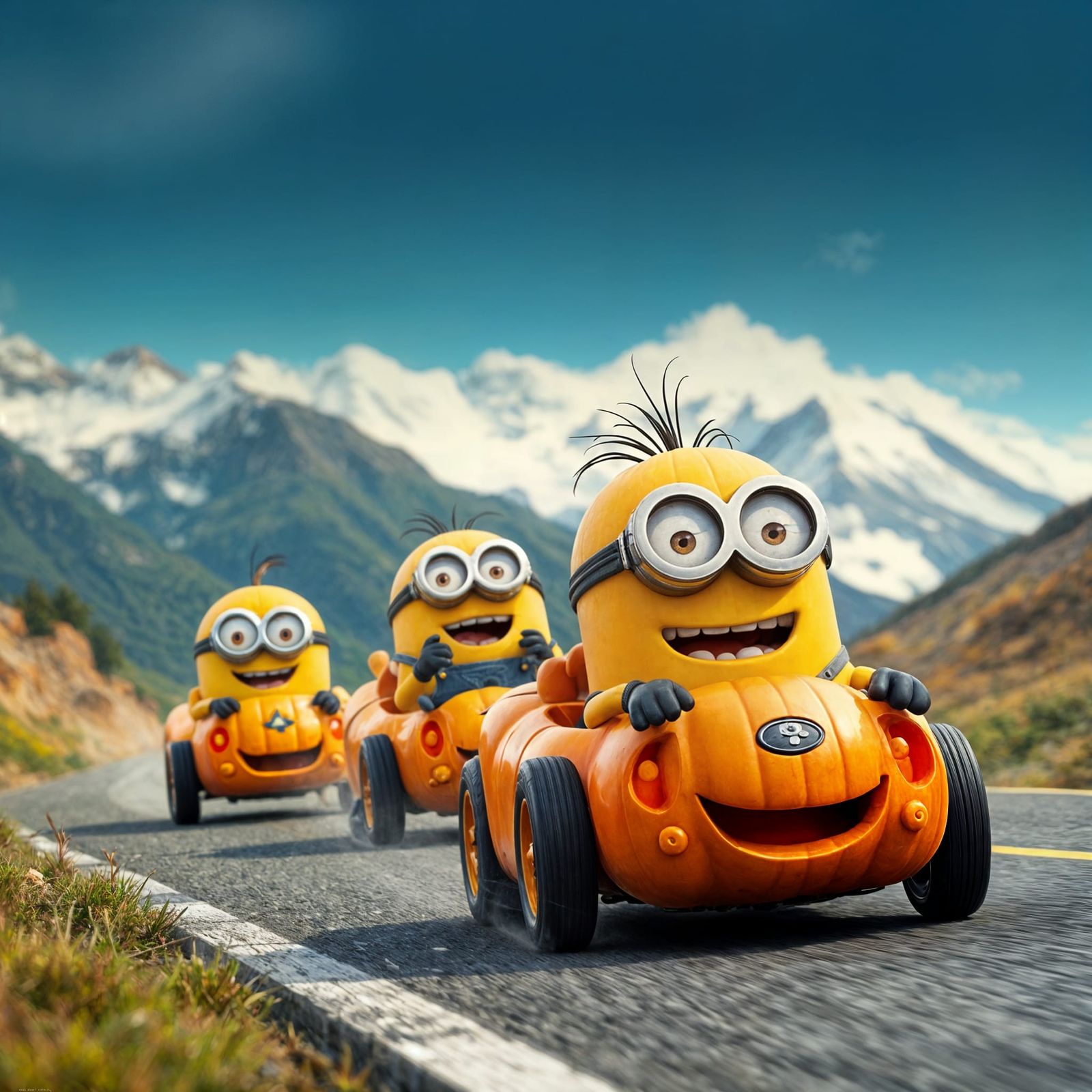 Minions Racing Pumpkin Cars on Mountain Road