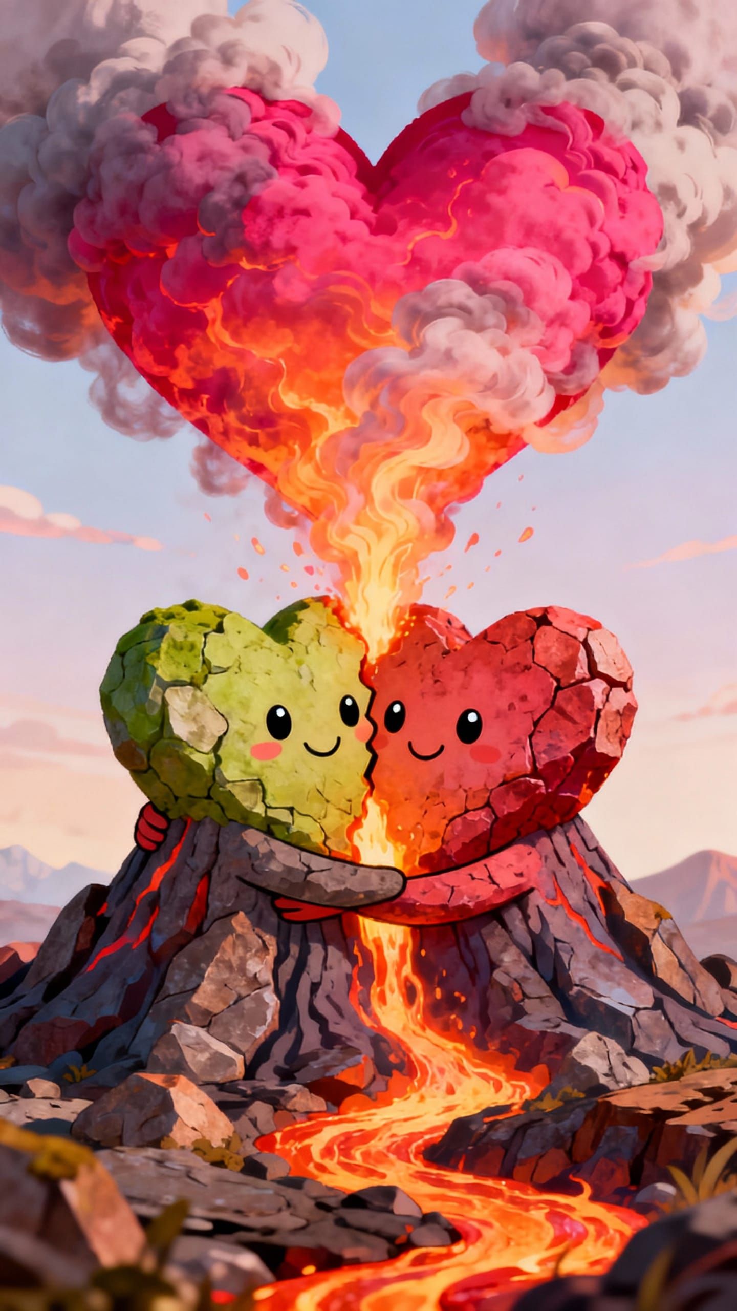 Two Heart-Shaped Volcanoes Snuggling Erupting Love