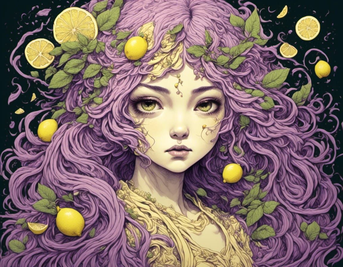 Yuzu Lemon Girl in Linocut Style