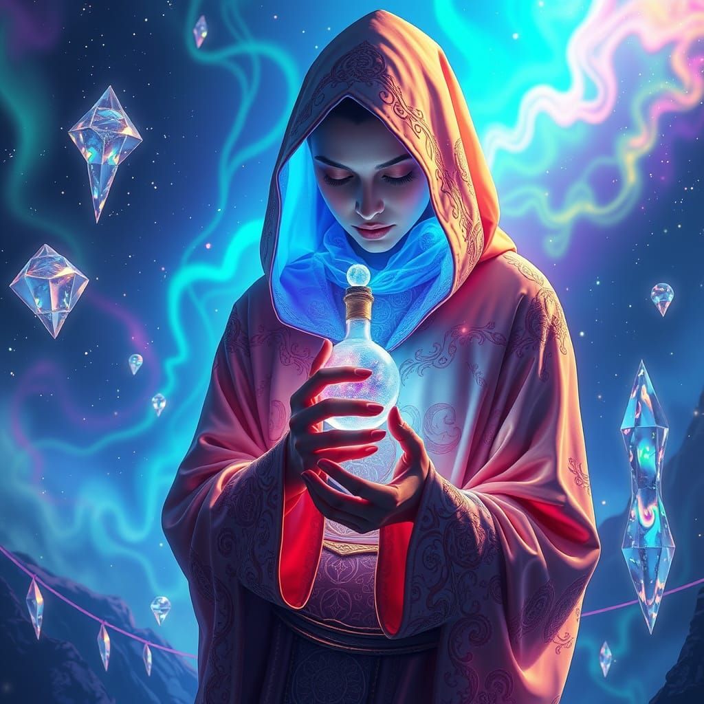 Cosmic Mystic Radiates Neon Light in Glowing Fractal Pattern...