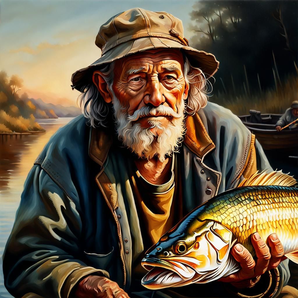Old Fisherman Holding Giant Fish: Oil Painting