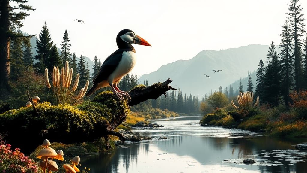 Puffin in Double Exposure Ink Splatter Art