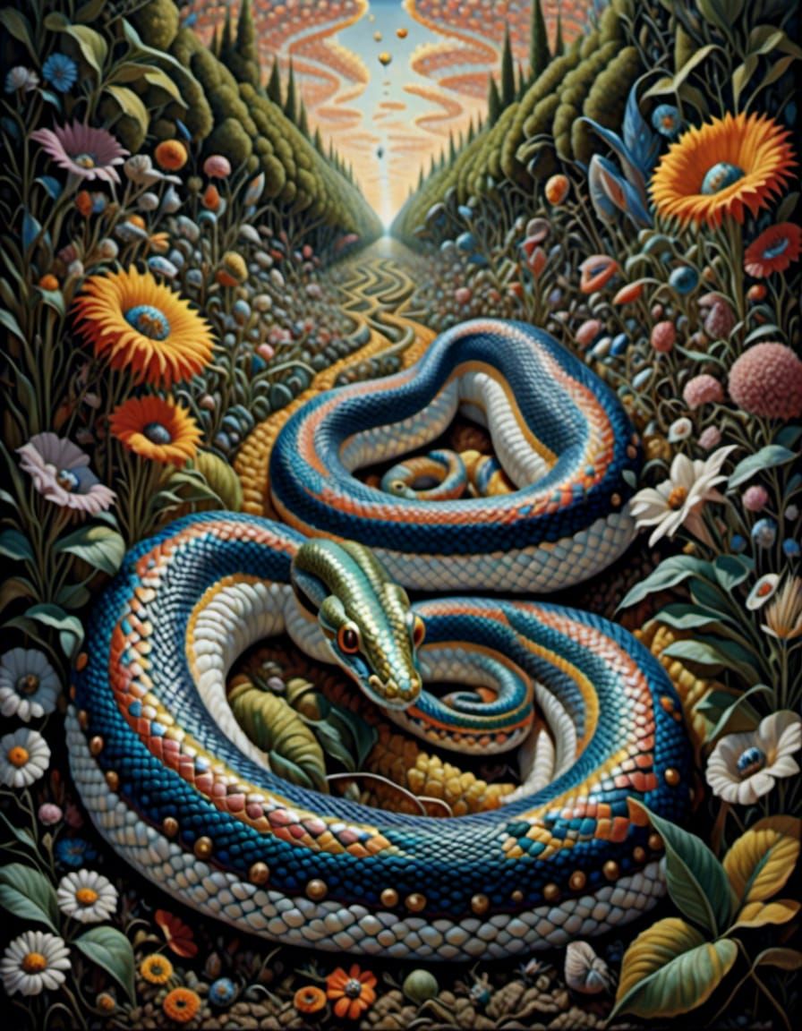 Giant Snake with Psychedelic Op Art Patterns