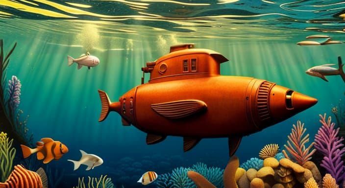 Underwater Submarine Scene with Tropical Fish
