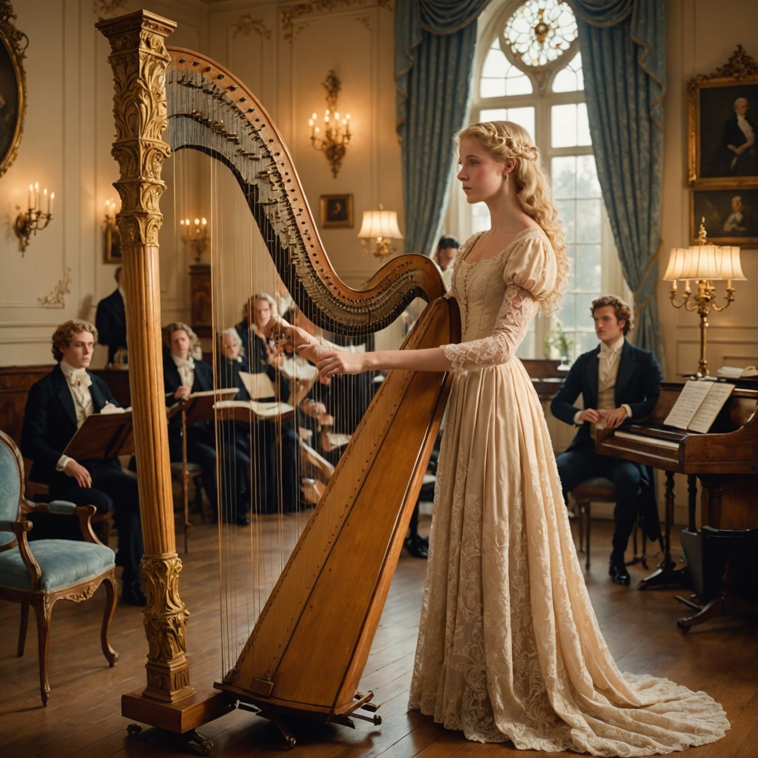 Regency Era Woman Playing Harp in Sunlit Room