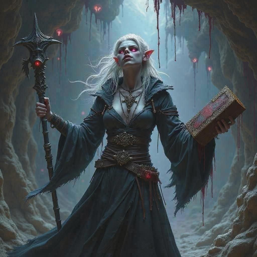 Drow Elf Cleric in Dark Underground Cavern