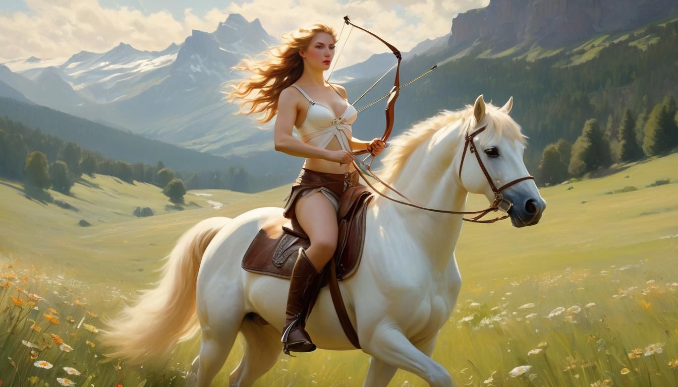 Female Centaur Races Through Sunny Meadow as Oil Painting