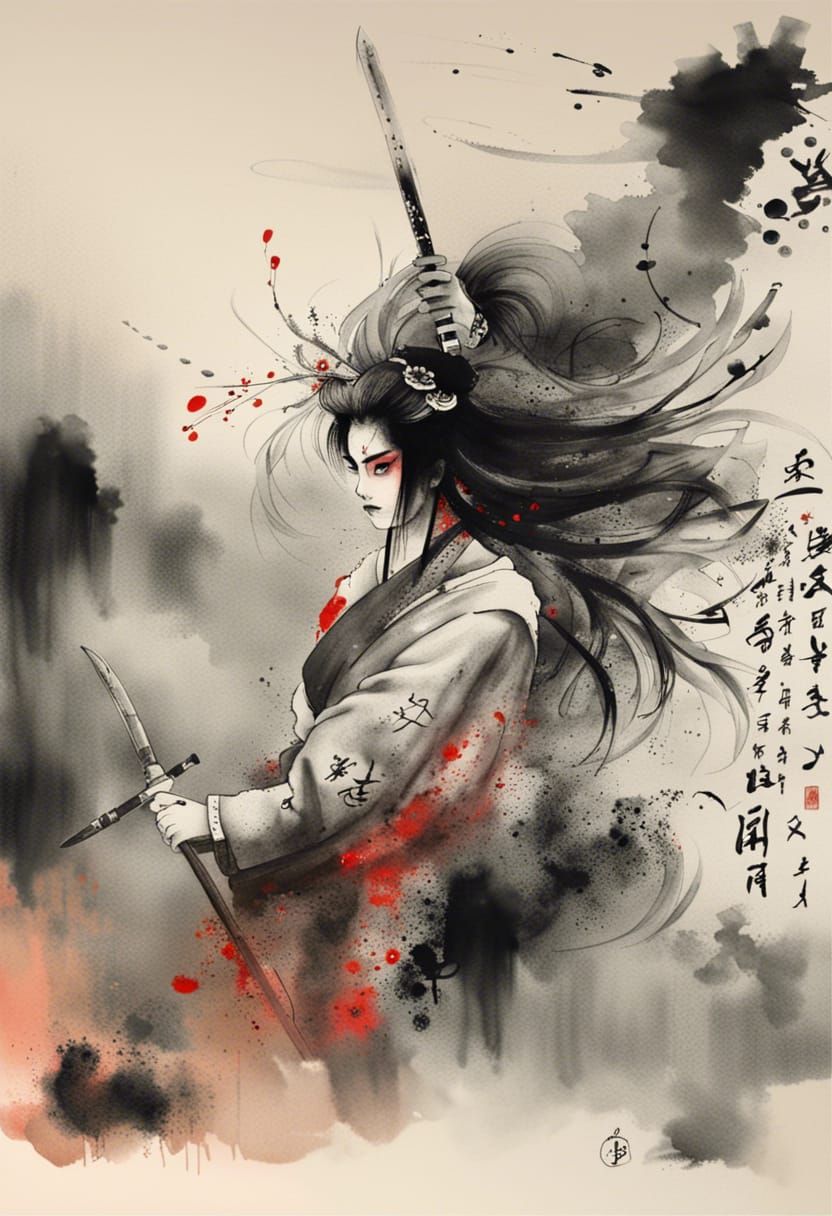 Katana Geisha in Moonlight: Sumi-e Ink Wash Art