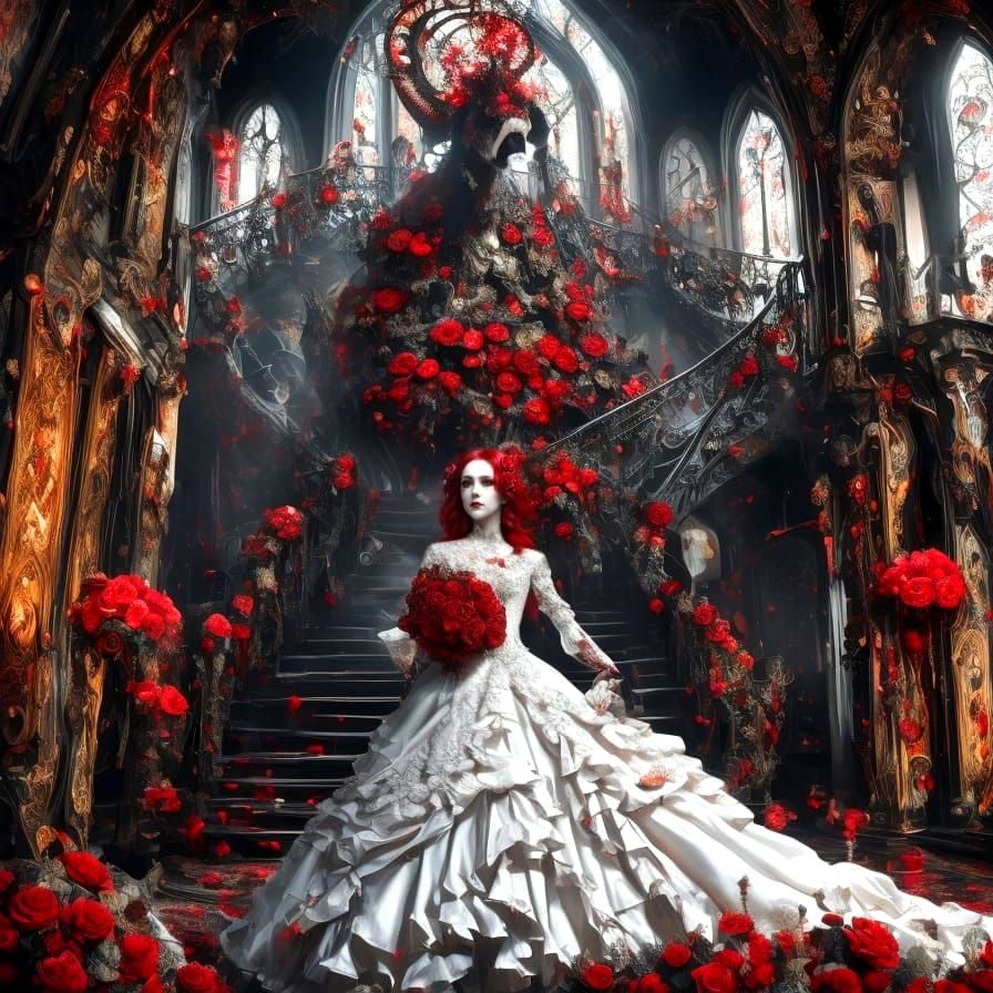 Grotesque Creature Carries Bride Down Rose-Lined Staircase