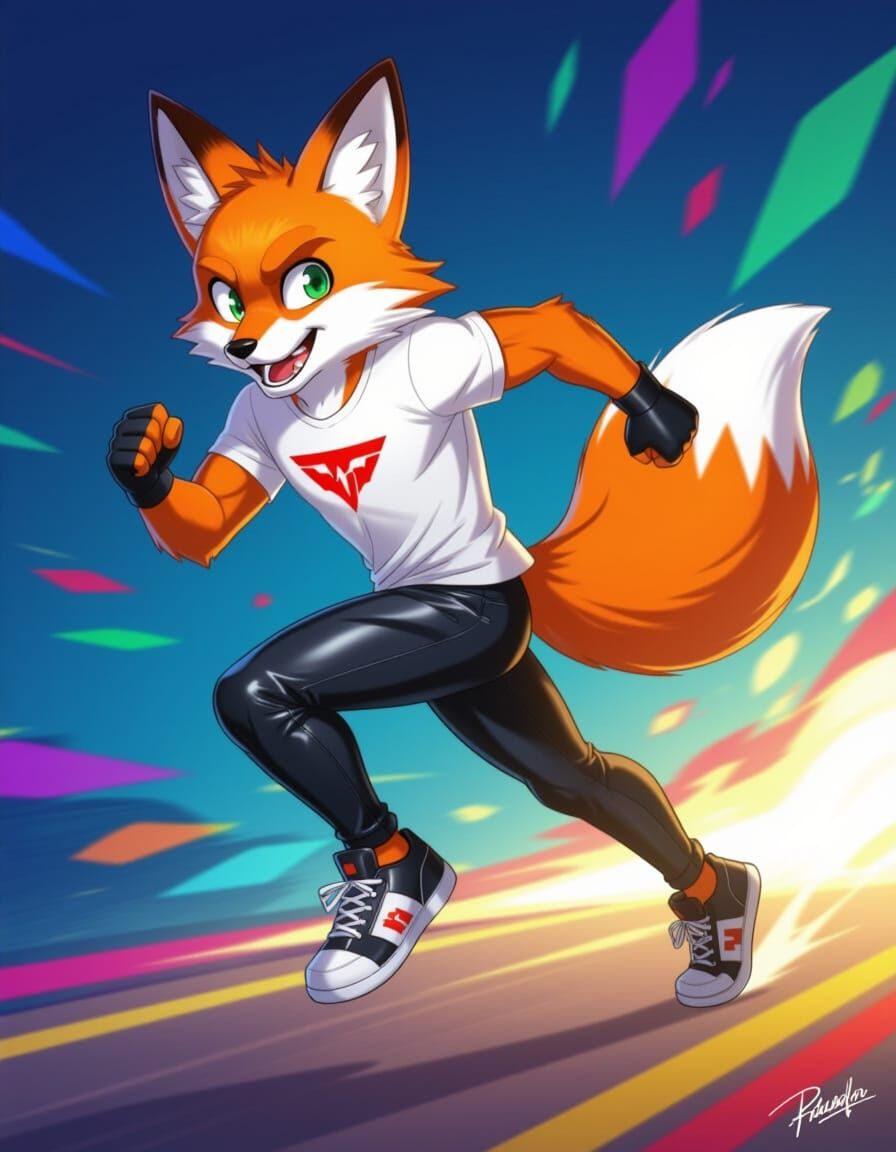 Cartoon Fox Boy Running in Vibrant Abstract Style