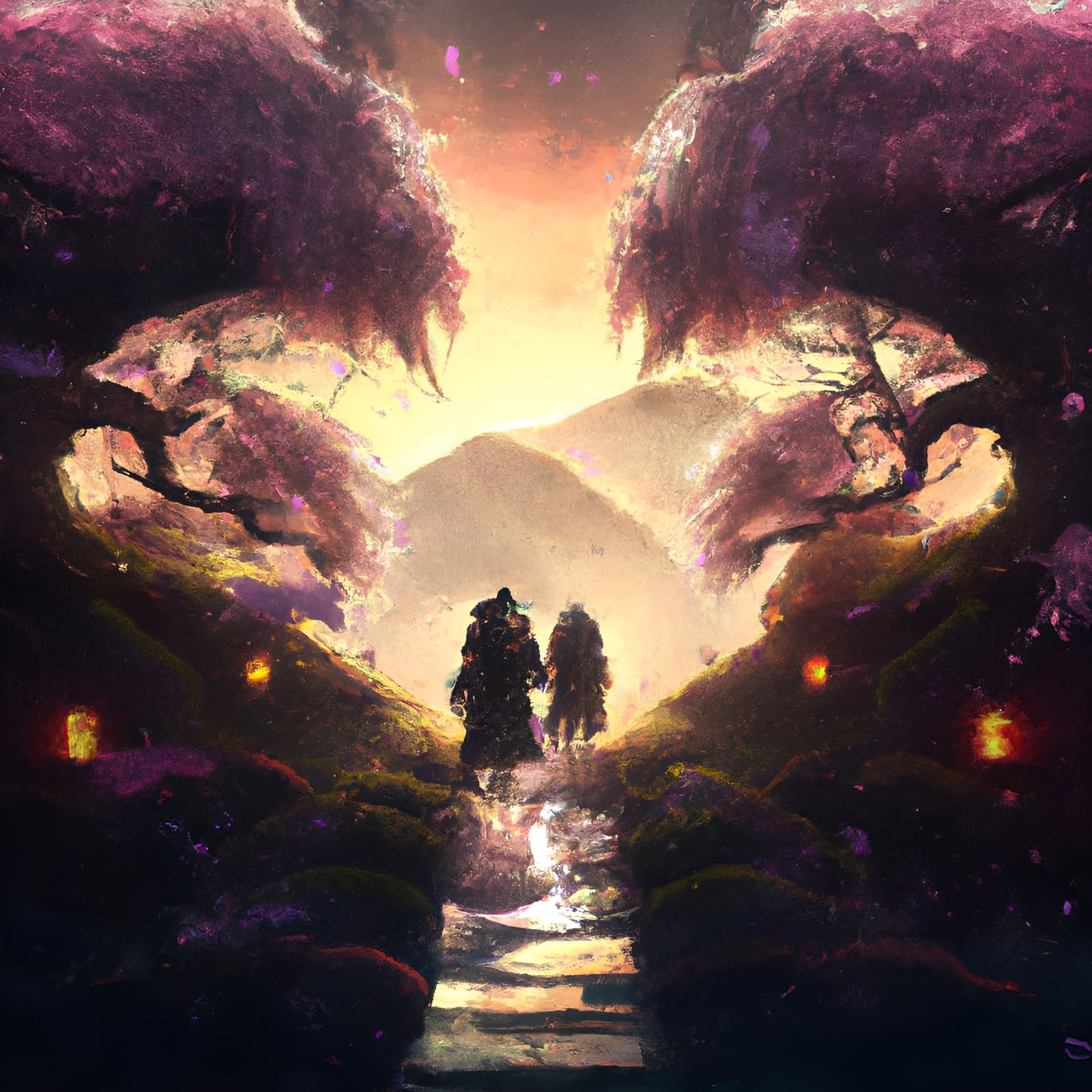 Samurai and Wizard in Cherry Blossom Path