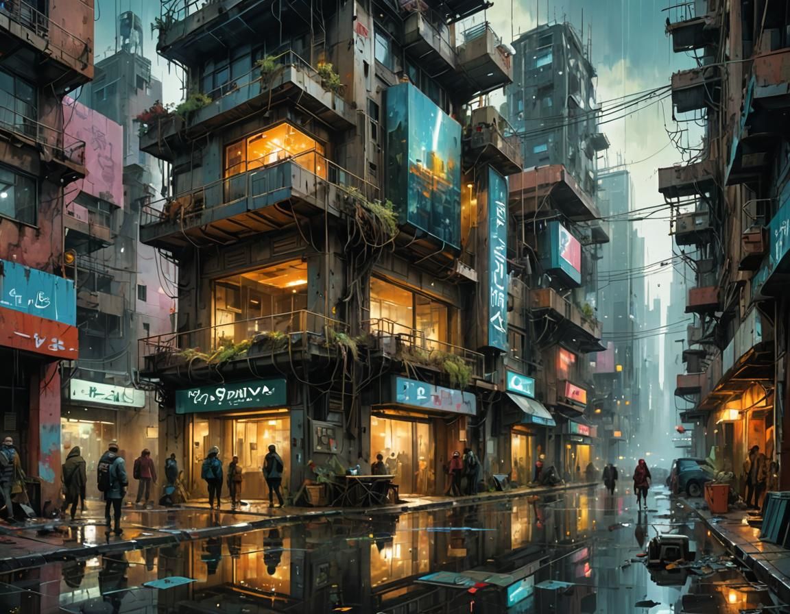 Cozy Futuristic Solarpunk Cityscape in Oil Painting Style