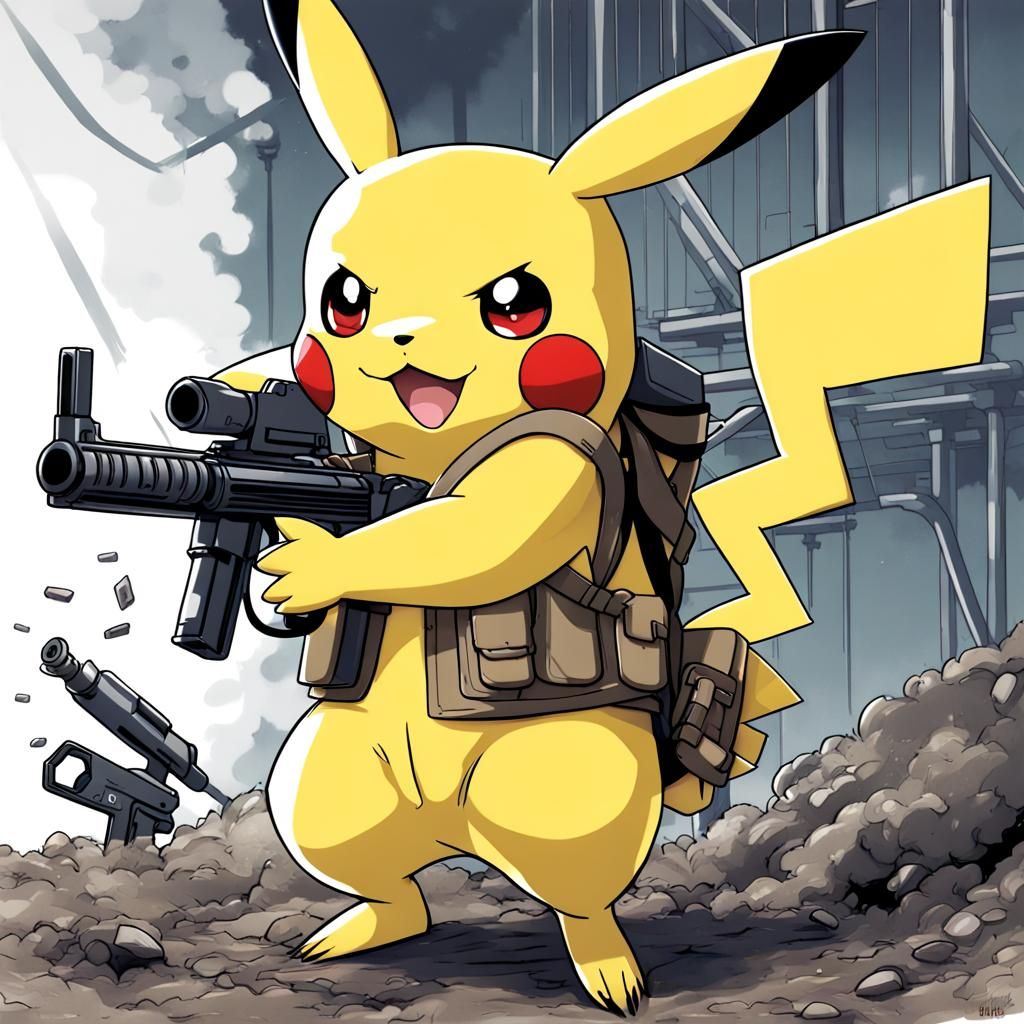 Pikachu with Machine Gun in Anime Style