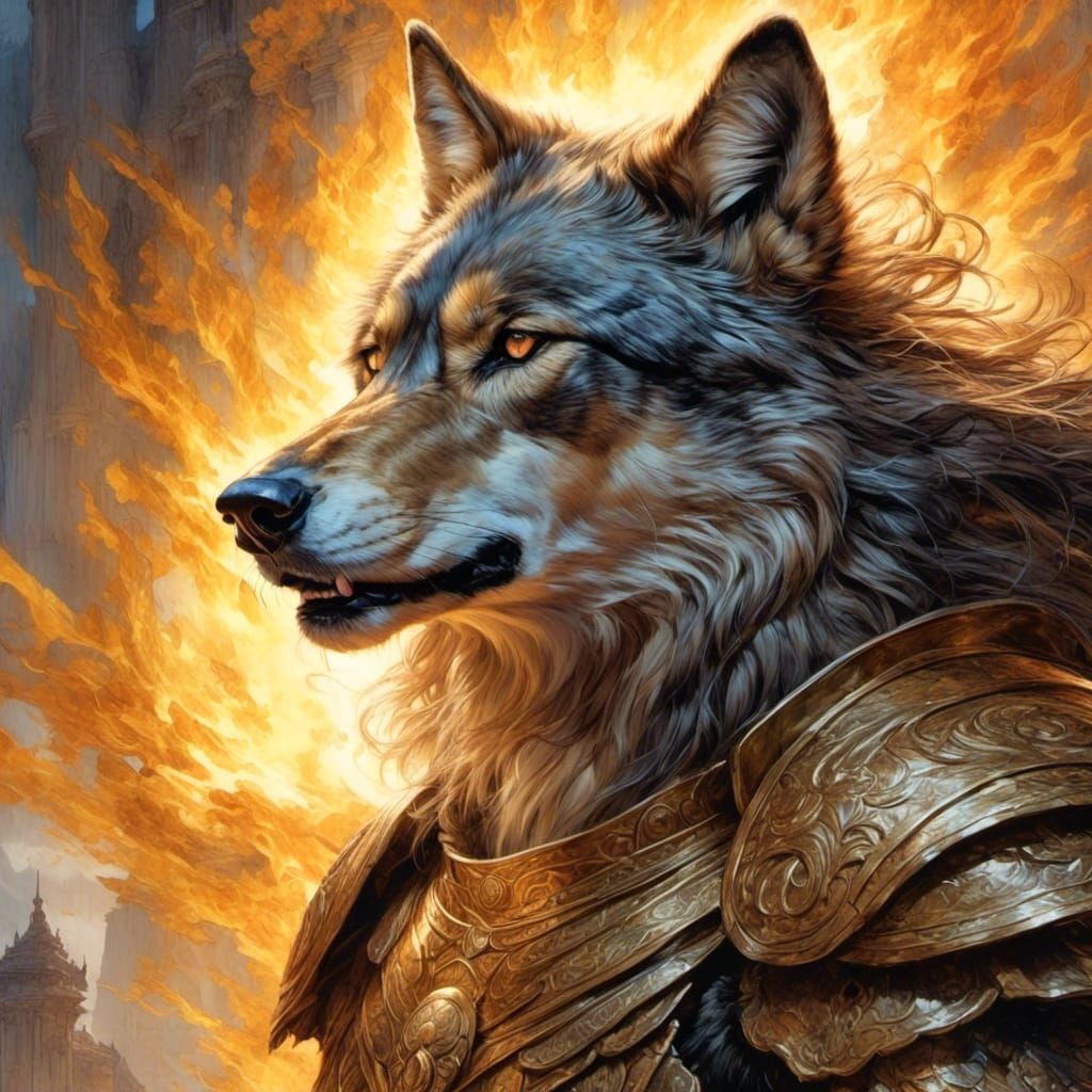 Armored Black Wolf in Firelight: Hyperrealistic Splash Art