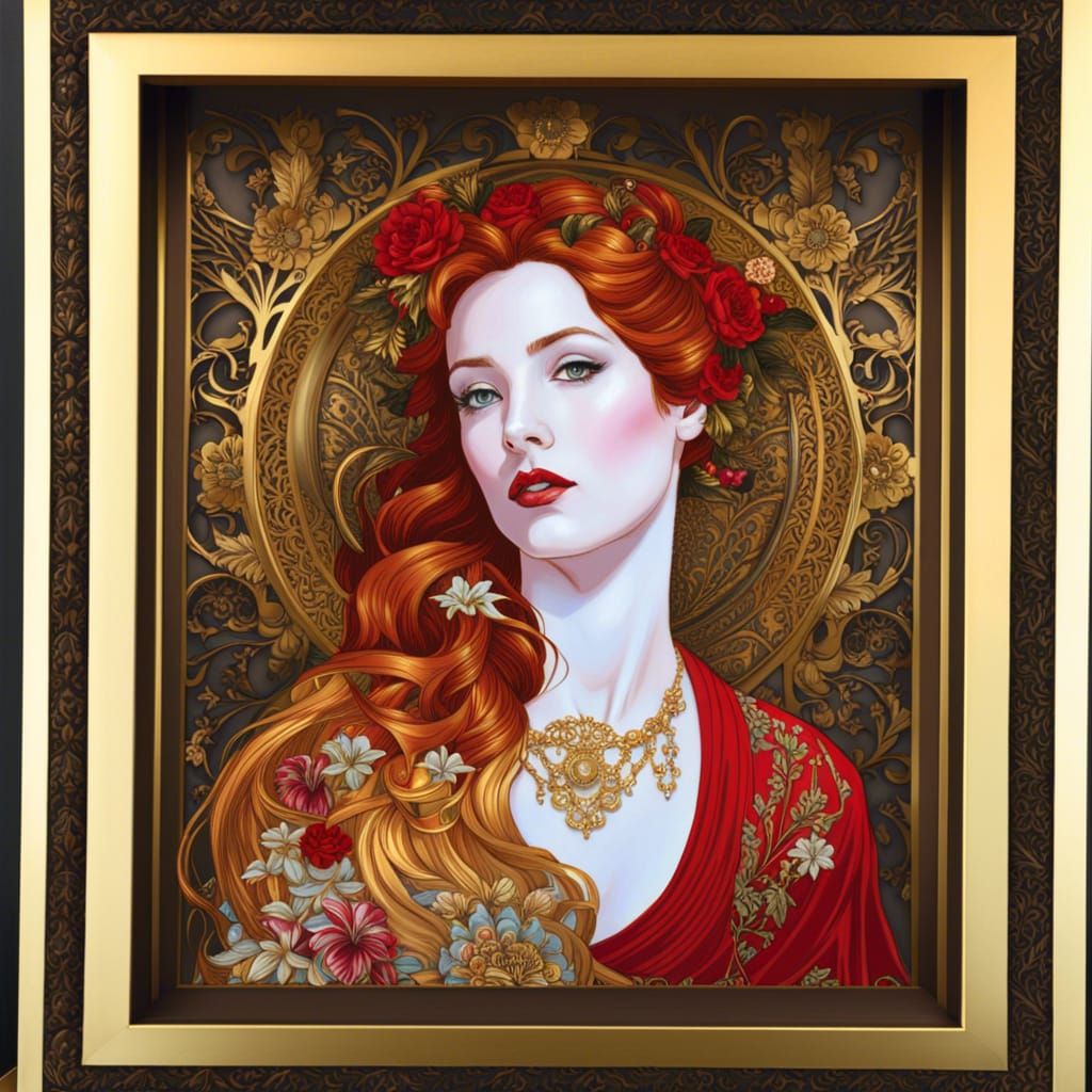 Redhead in Golden Floral Frame, Digital Matte Painting