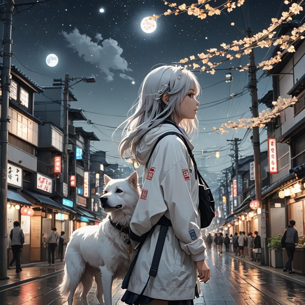 Girl Walking Dog in City: 3D Anime Art