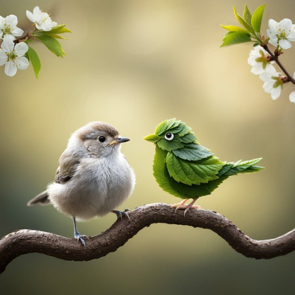 Bird Admires Leaf Sculpture in Impressionist Style