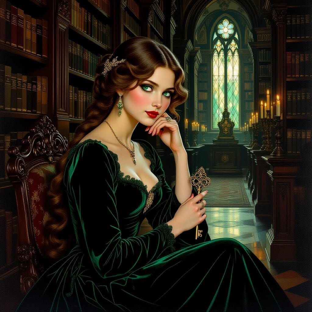 Emerald-Eyed Woman in Gothic Library, Pre-Raphaelite Art
