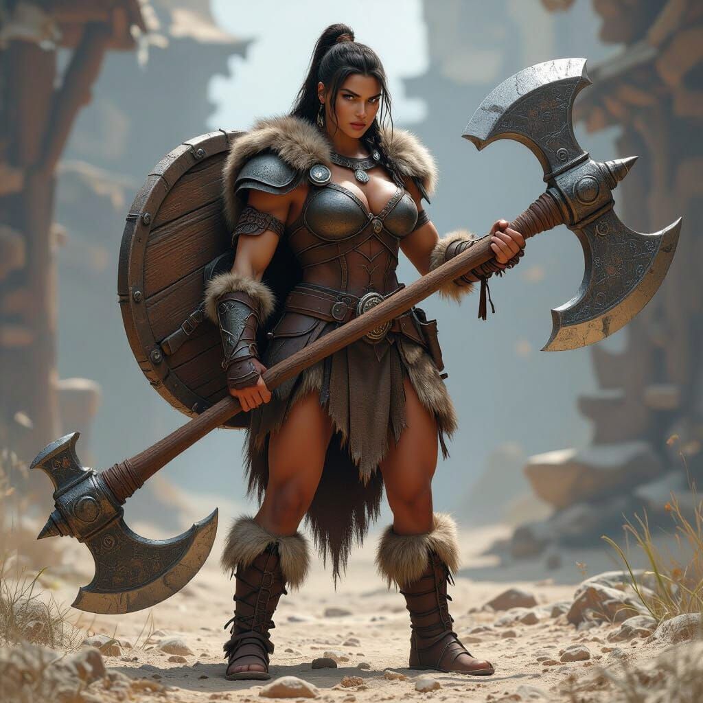 Muscular Barbarian Woman Warrior in Dramatic 3D Rendering