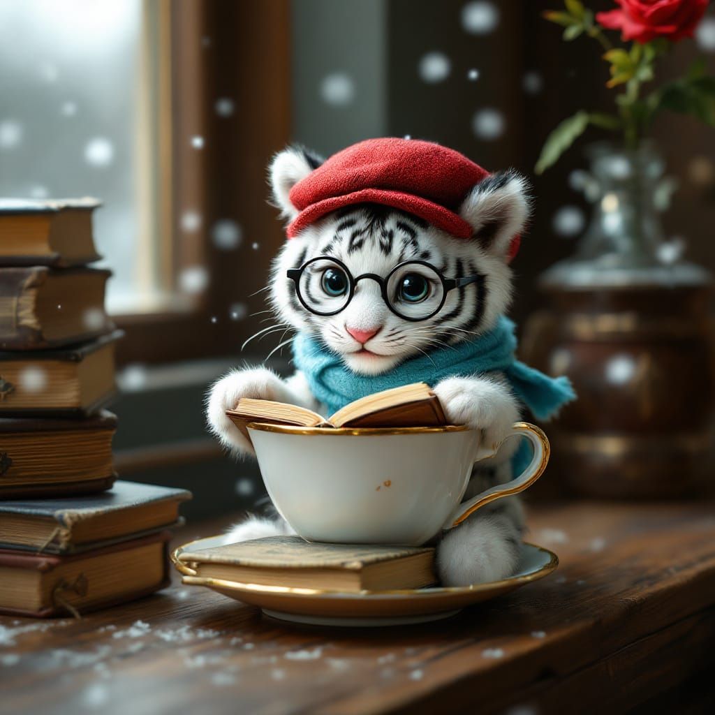 Tiger Cub Reading in Teacup, Whimsical Illustration