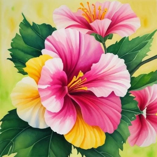 Watercolor hibiscus flower, with impasto, oil painting, real...