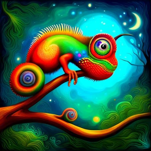 Colorful Chameleon on Branch in Surreal Style