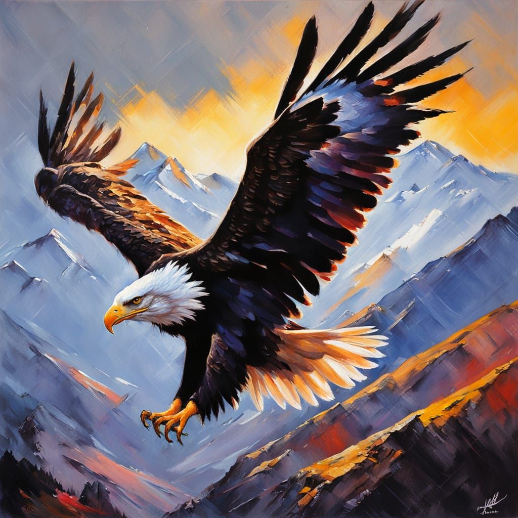 Eagle in Neon Blacklight with Mountains