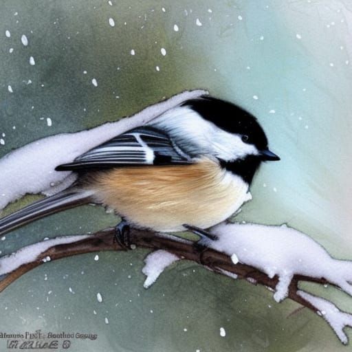 Chickadee on Snowy Branch in Watercolor Style