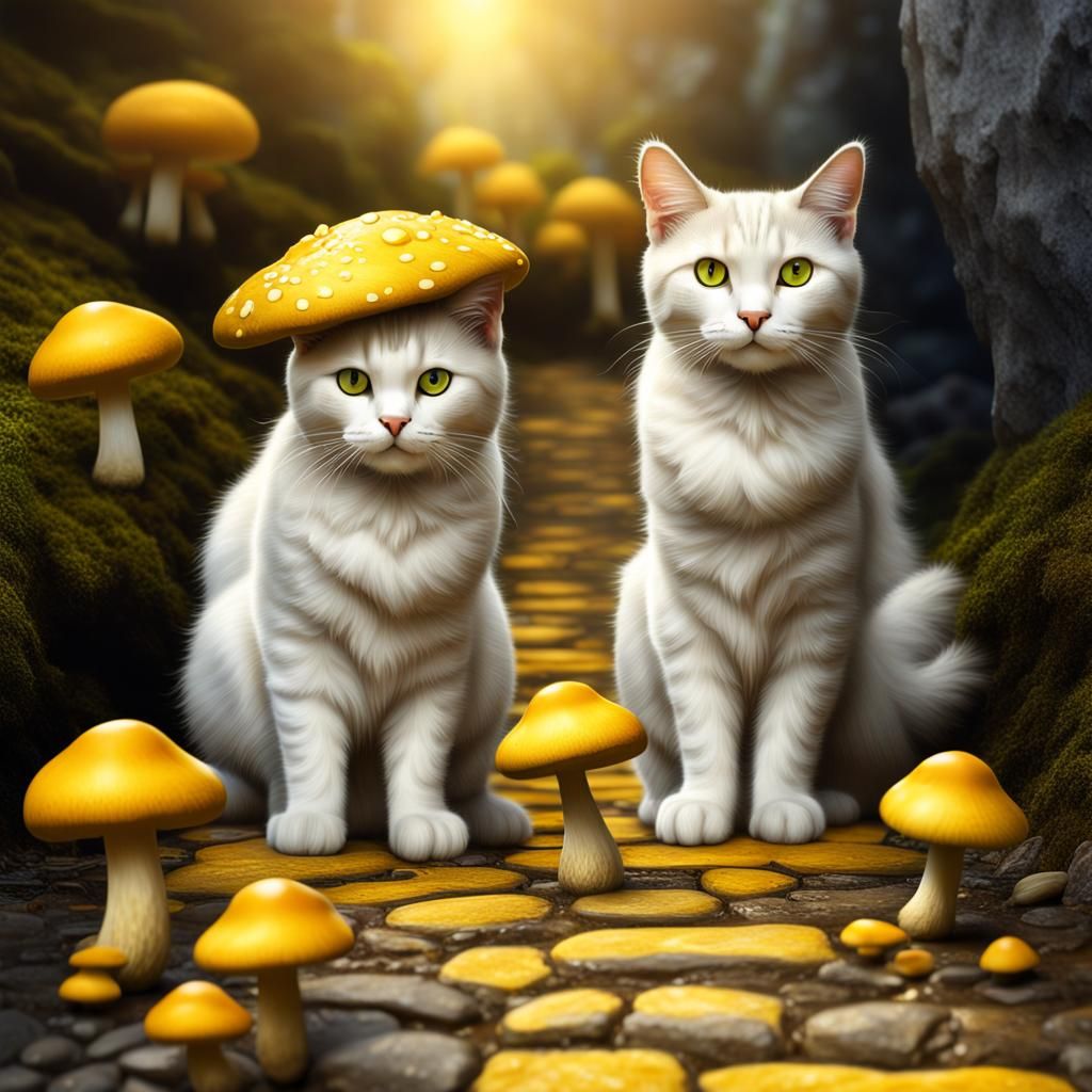 Cats on a Glowing Mushroom Path, Hyperrealistic