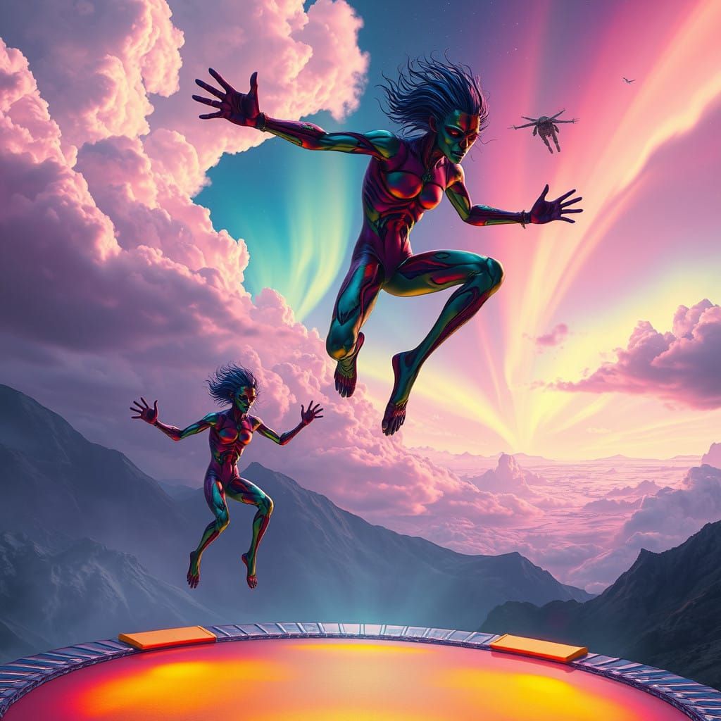 Vibrant Humanoid Figures in Mid-Air on a Glowing Trampoline