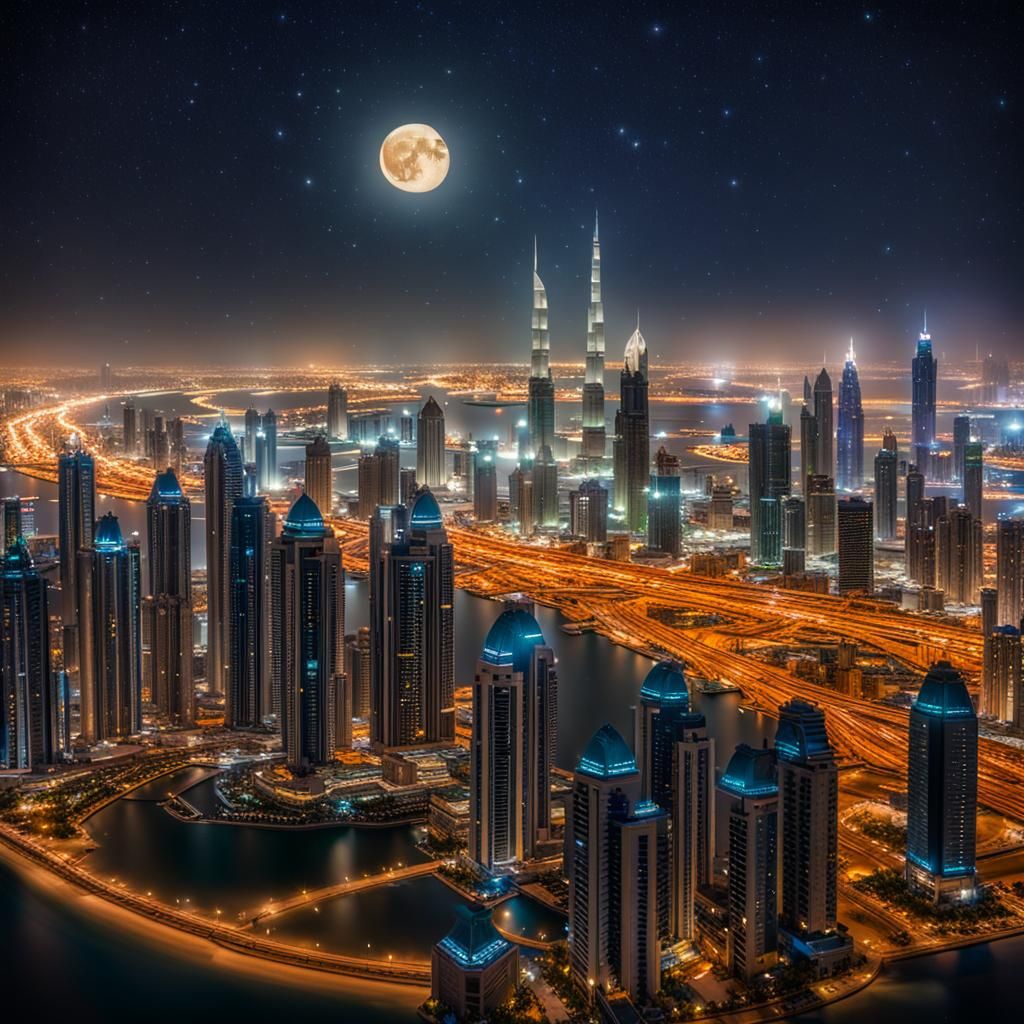 Dubai Night Sky with City Lights and Stars