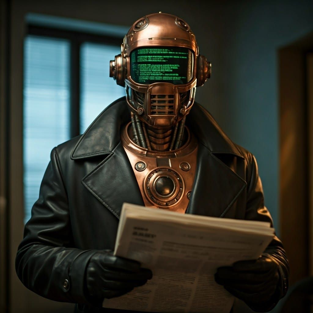 Retrofuturistic Cyborg in Smoky Office