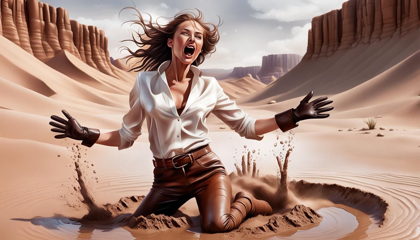Woman Sinking in Quicksand: Hyperrealistic Desert Scene
