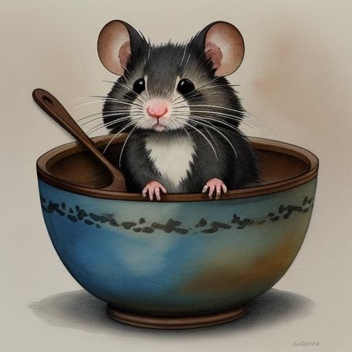 Whimsical Mouse with Begging Bowl in Watercolour Style
