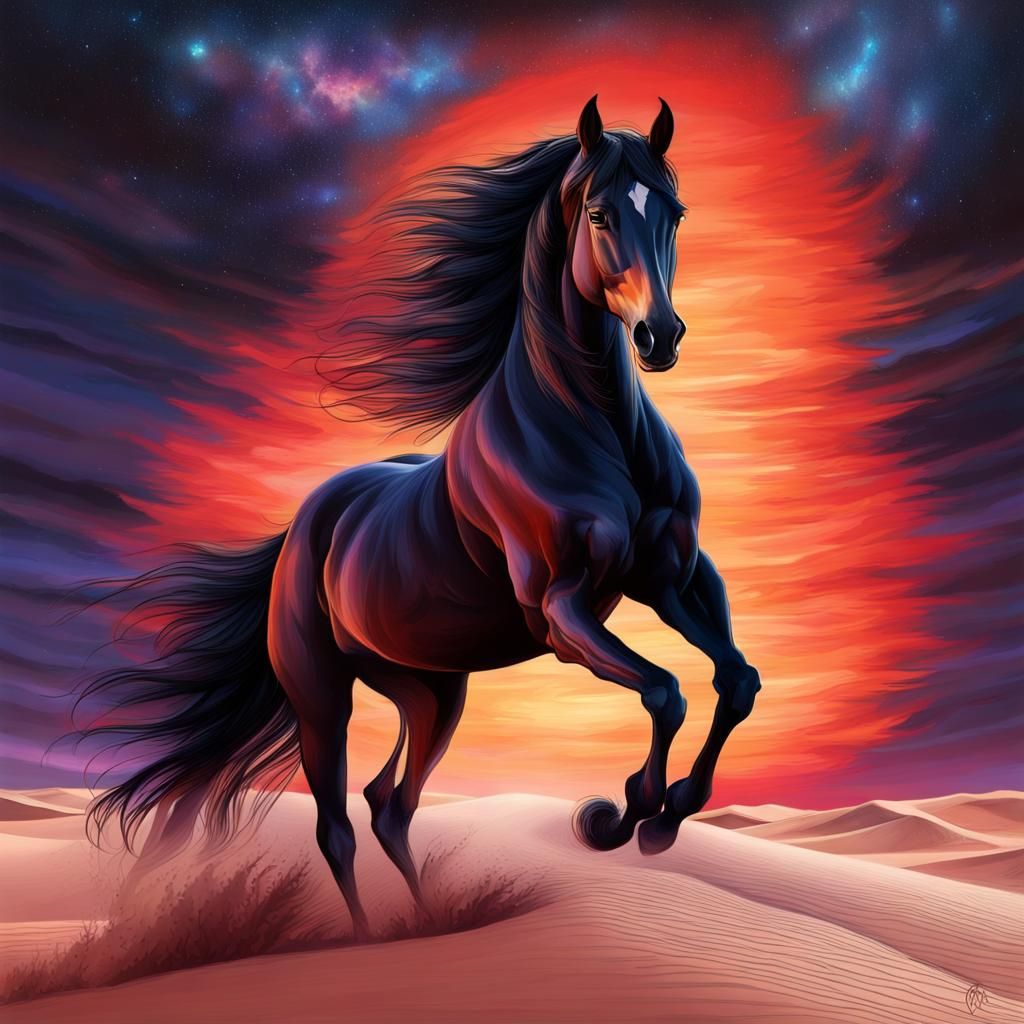 Black Arabian Horse with Flaming Mane at Sunset