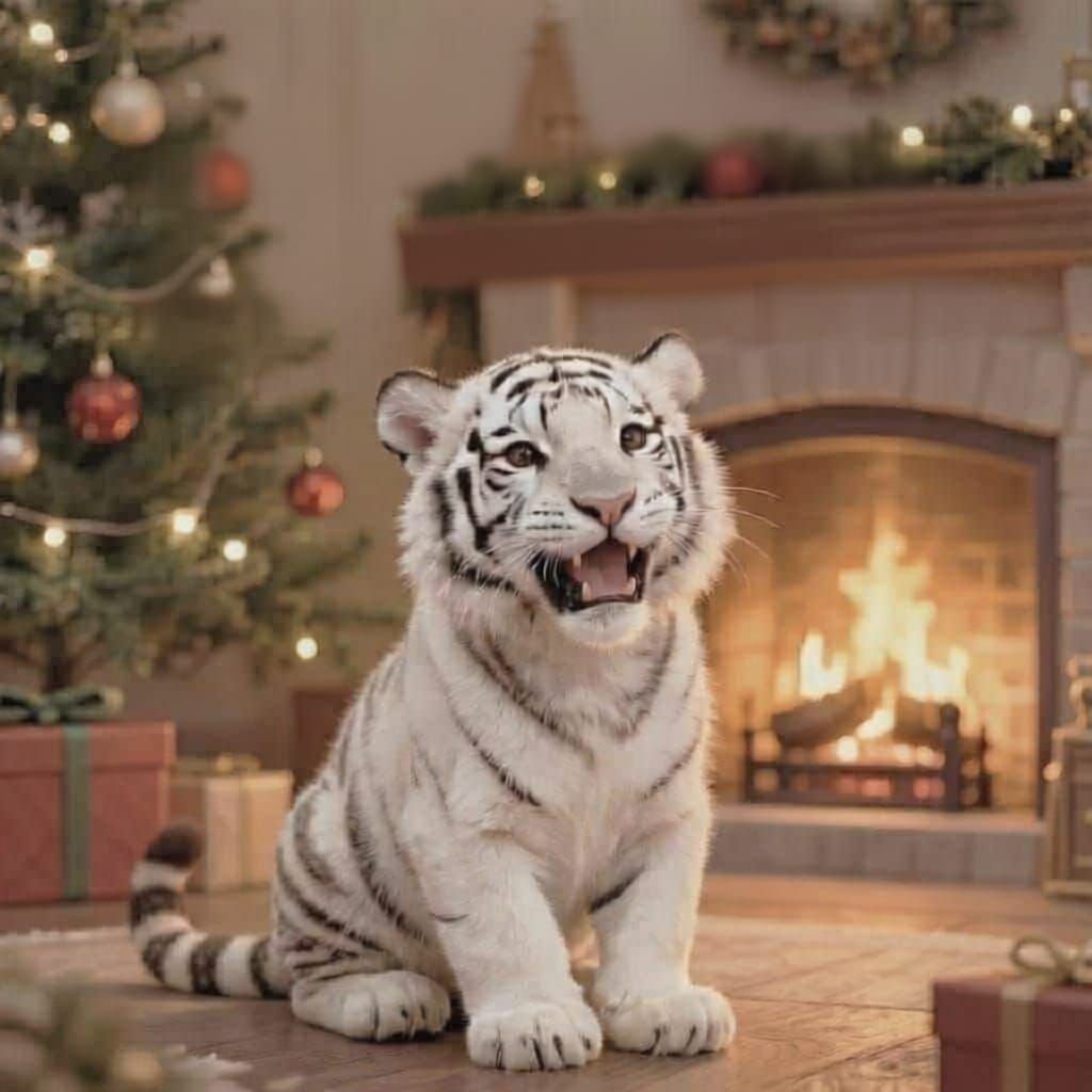 Tiny Tim Tiger Cub Says Merry Christmas in Festive Scene
