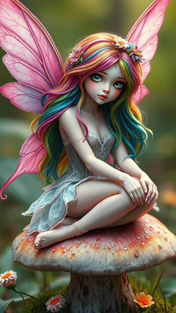 Rainbow Haired Fairy on Mushroom in Pastel Colors