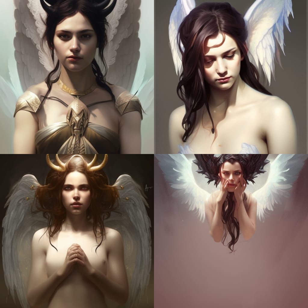 Portrait of Angel with Black Horns, Detailed Digital Art