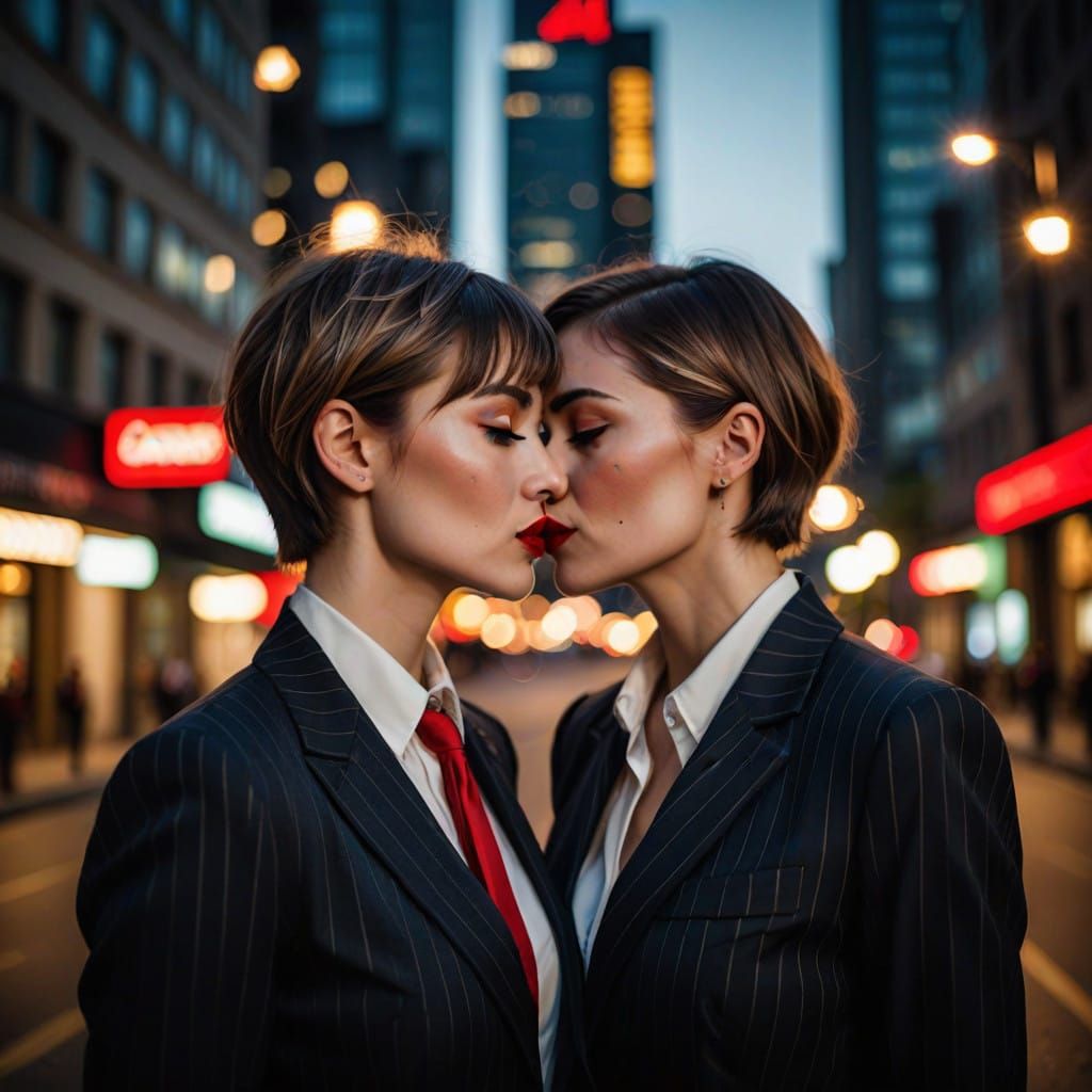 Confident Women in Dark Pin-Stripe Suits, Embracing in a Mom...