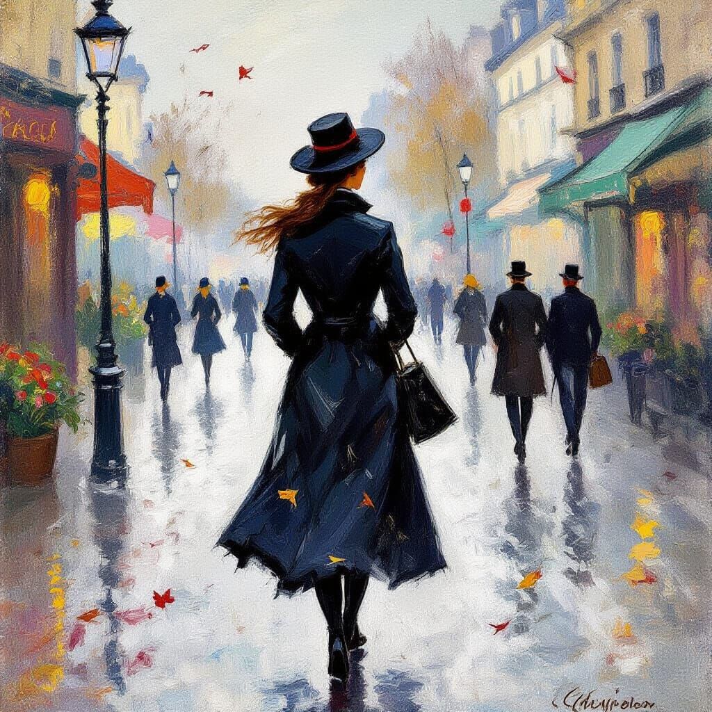 Impressionist Woman Walking on Windy Street