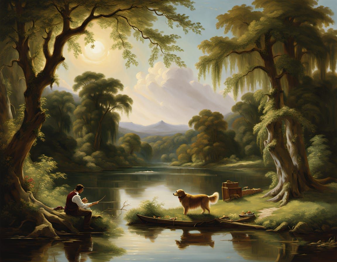 Pre-Raphaelite Style Oil Painting of River Landscape