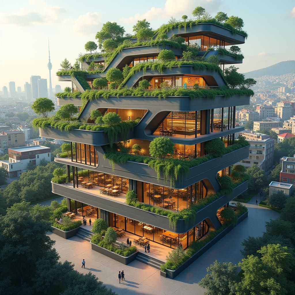 Modern Building with Rooftop Garden in Digital Art Style