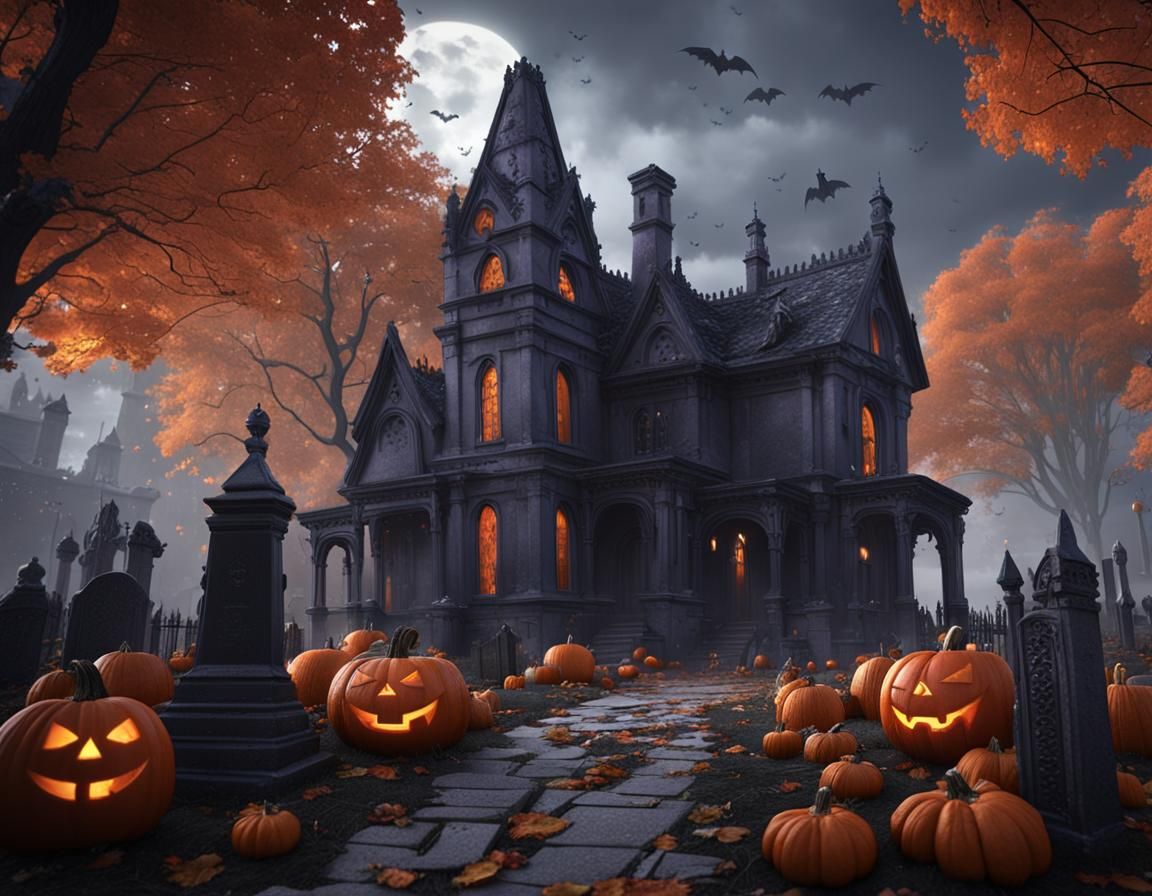 Gothic Halloween Mansion in Graveyard