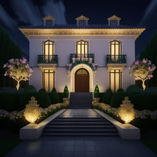 Villa Mansion in Art Nouveau Garden at Night
