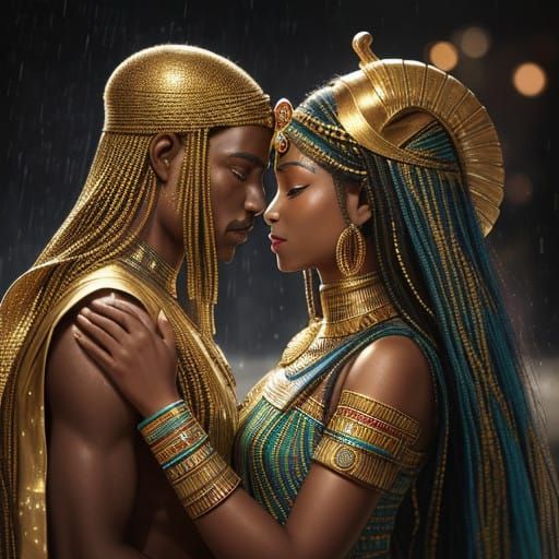 Egyptian Goddesses in Majestic Rain-Kissed Dance, Intricate....